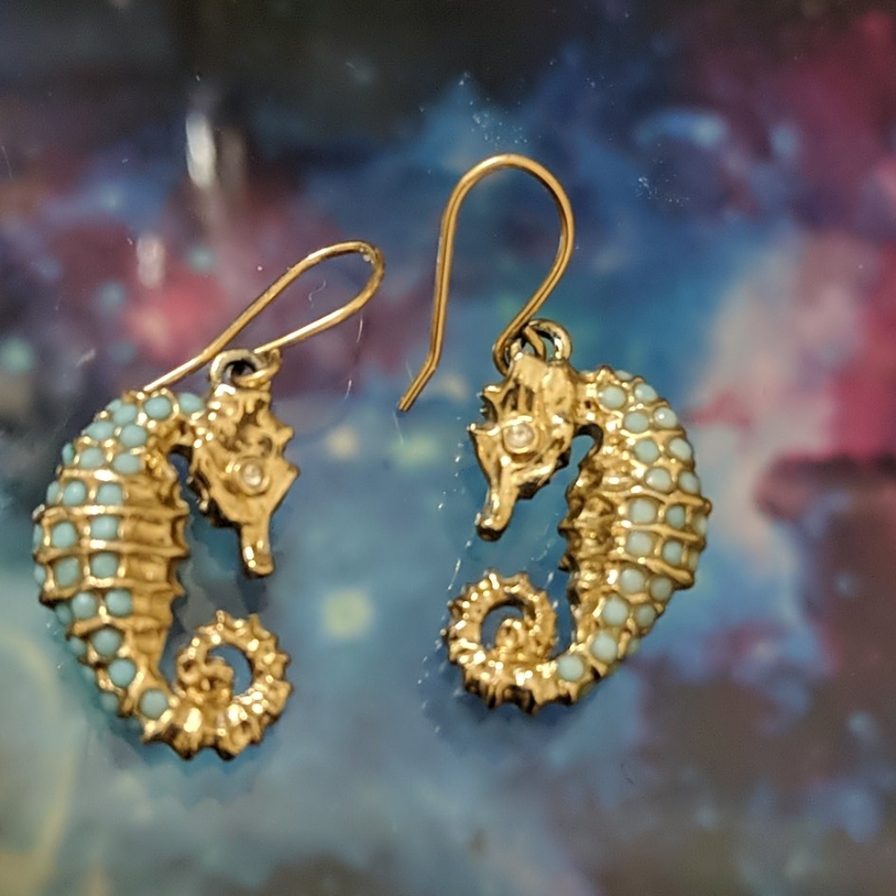 Seahorse earrings gold & teal